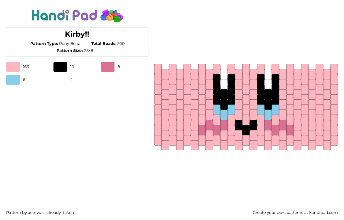 Kirby!! - Pony Bead Pattern by ace_was_already_taken on Kandi Pad - kirby,face,nintendo,cute,cuff,gaming,video game,pink