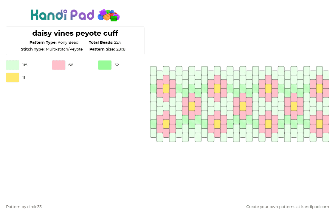 daisy vines peyote cuff - Pony Bead Pattern by circle33 on Kandi Pad - white,pink,daisy,daisies,vines,flower,flowers,cute