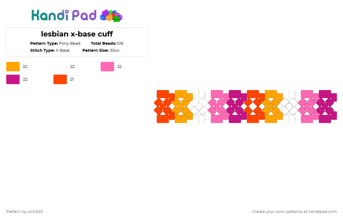 lesbian x-base cuff - Pony Bead Pattern by circle33 on Kandi Pad - pink,lesbian,gay,pride,lgbtq,pride flag,lesbian flag,queer,lgbt