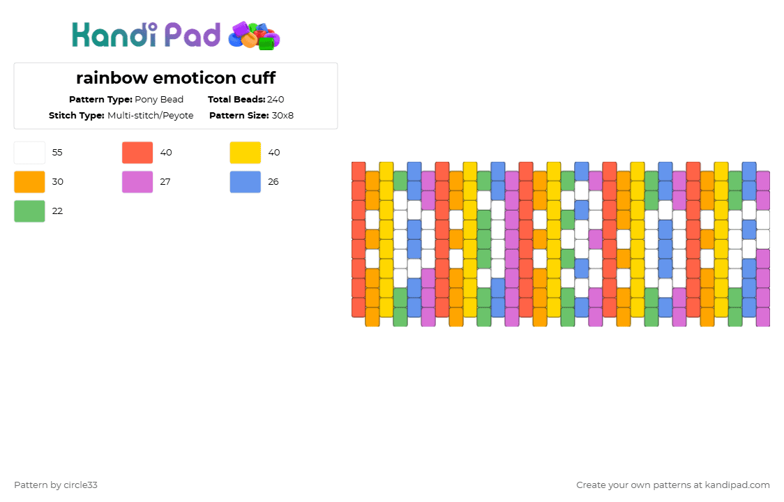 rainbow emoticon cuff - Pony Bead Pattern by circle33 on Kandi Pad - emoticon,face,symbol,smiley,cuff,colorful,red,orange,yellow,rainbow,rawr,xd,leetspeak,lol,rofll