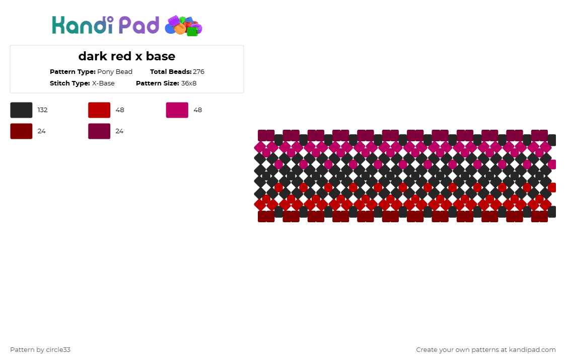 dark red x base - Pony Bead Pattern by circle33 on Kandi Pad - emo,xbase,cuff,goth,red,pink,x base,alt,black,dark red,dark pink