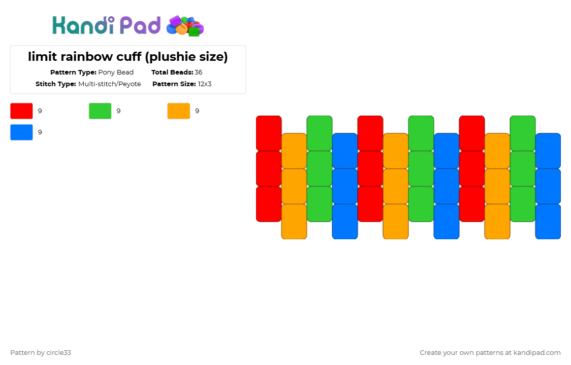 limit rainbow cuff (plushie size) - Pony Bead Pattern by circle33 on Kandi Pad - red,green,orange,blue,rainbow,small,cuff,simple,plushie size