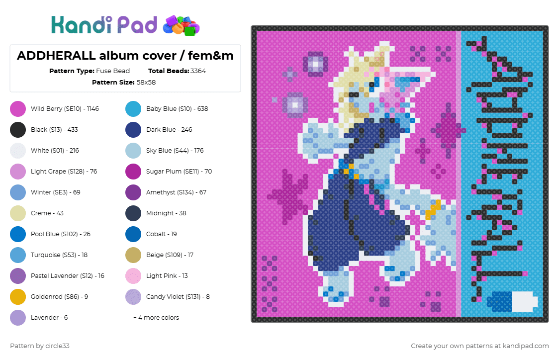ADDHERALL album cover / fem&m - Fuse Bead Pattern by circle33 on Kandi Pad - light blue,pink,femnm,fem and m,fem n m,addherall,adderall,album cover,pixel art,femm