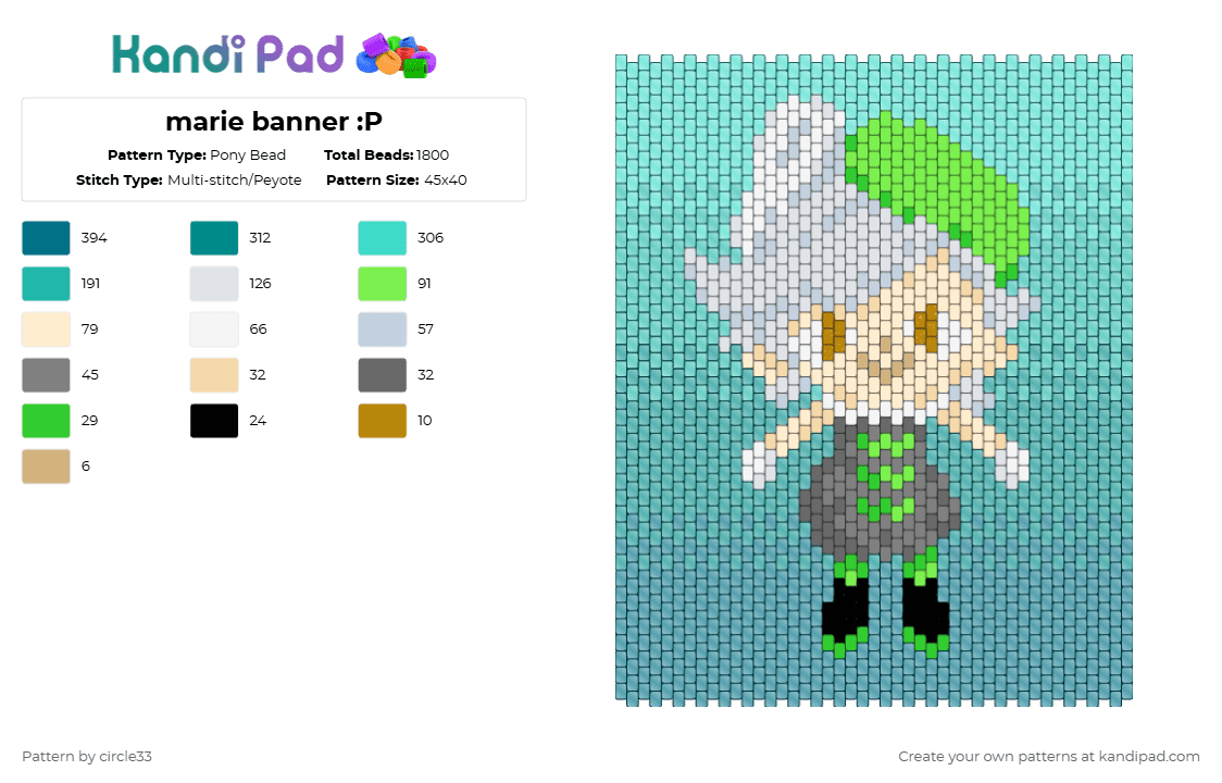 marie banner :P - Pony Bead Pattern by circle33 on Kandi Pad - teal,gray,marie,splatoon,inkling,idol,squid sisters,nintendo,splatoon 1,banner