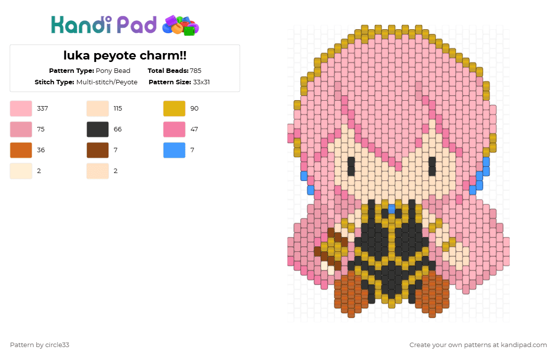 luka peyote charm!! - Pony Bead Pattern by circle33 on Kandi Pad - pink,beige,luka,sekai,vocaloid,project sekai,peyote,peyote charm,flat stitch