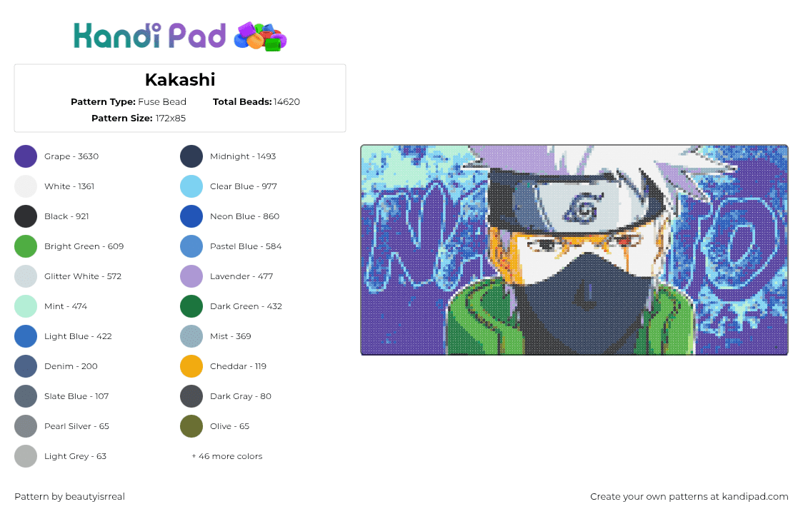 Kakashi - Fuse Bead Pattern by beautyisrreal on Kandi Pad - 