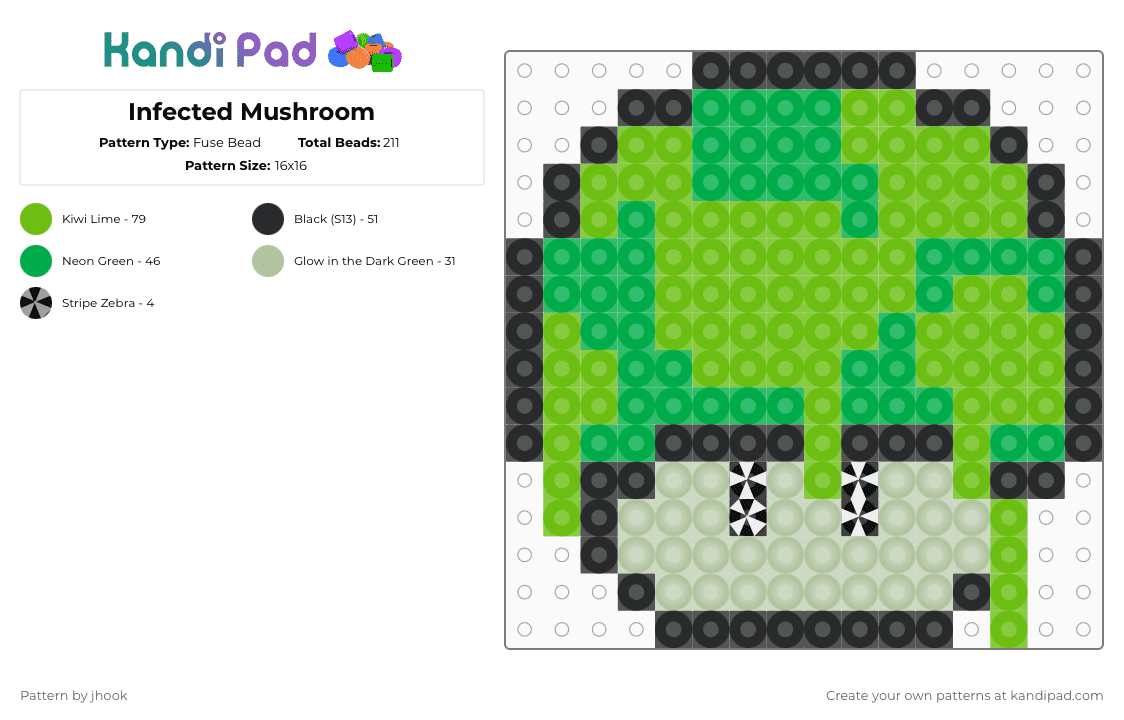 Infected Mushroom - Fuse Bead Pattern by jhook on Kandi Pad - green,infected,mushroom,mario,shroom,infected mushroom