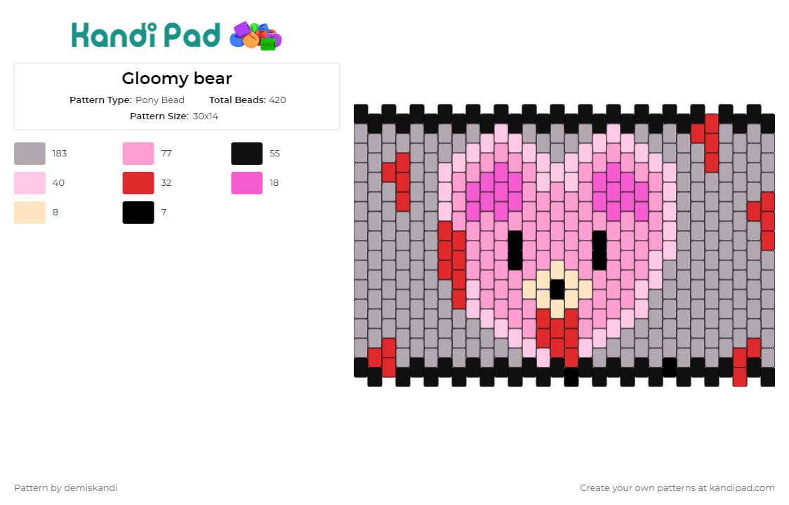Gloomy bear - Pony Bead Pattern by demiskandi on Kandi Pad - gloomy bear,cuff,horror,iconic,playful,edgy,unconventional,standout,cuteness,pink,gray