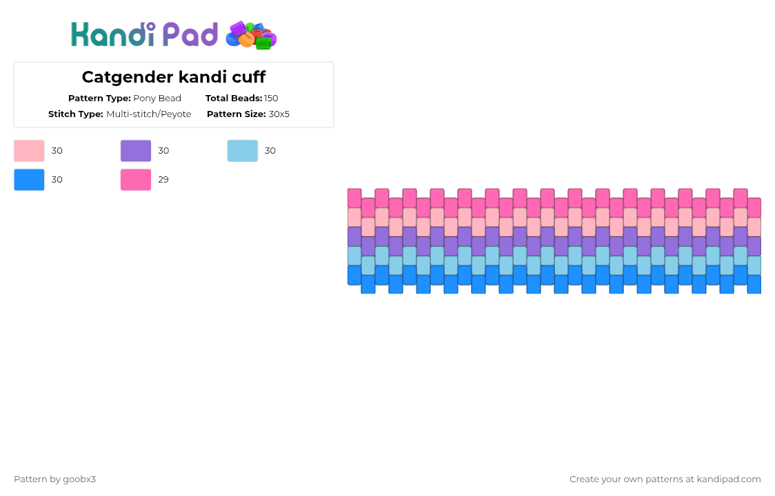 Catgender kandi cuff - Pony Bead Pattern by goobx3 on Kandi Pad - pink,light blue