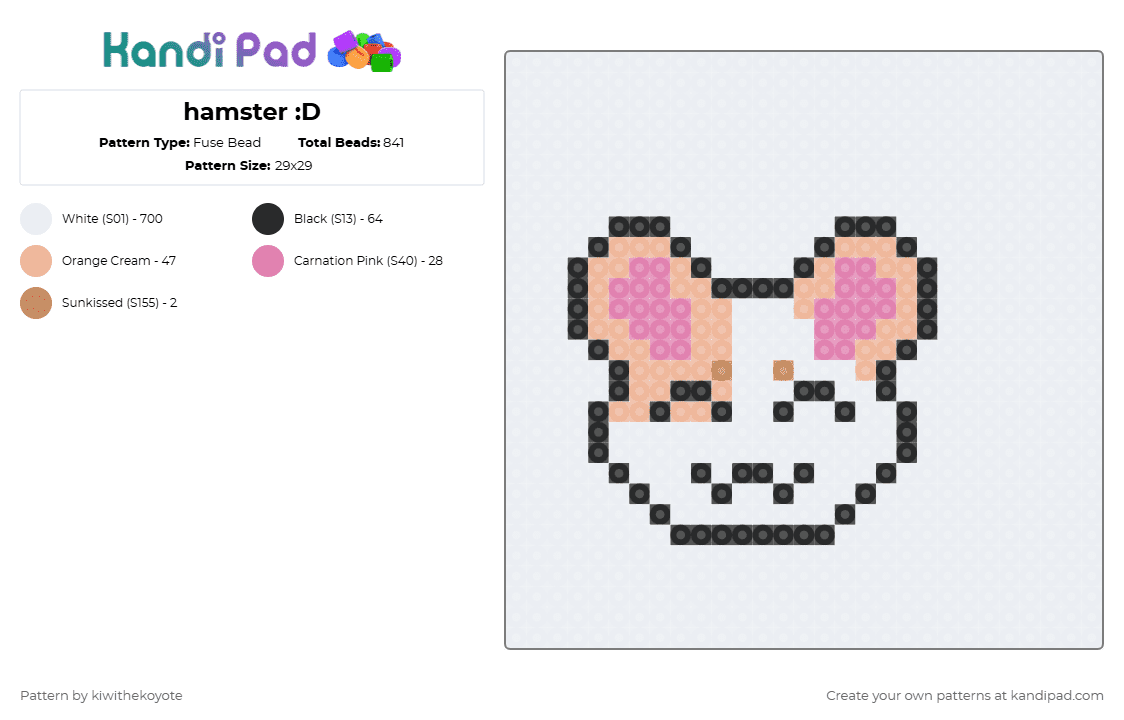 hamster :D - Fuse Bead Pattern by kiwithekoyote on Kandi Pad - white,pink,beige