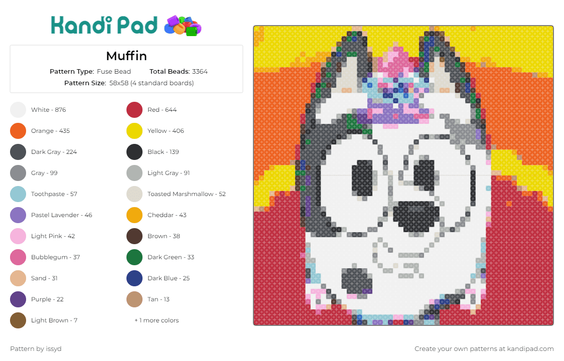 Muffin - Fuse Bead Pattern by issyd on Kandi Pad - muffin,bluey,animated series,dog,pet,playful,animation,character,sunrise,red,white,orange