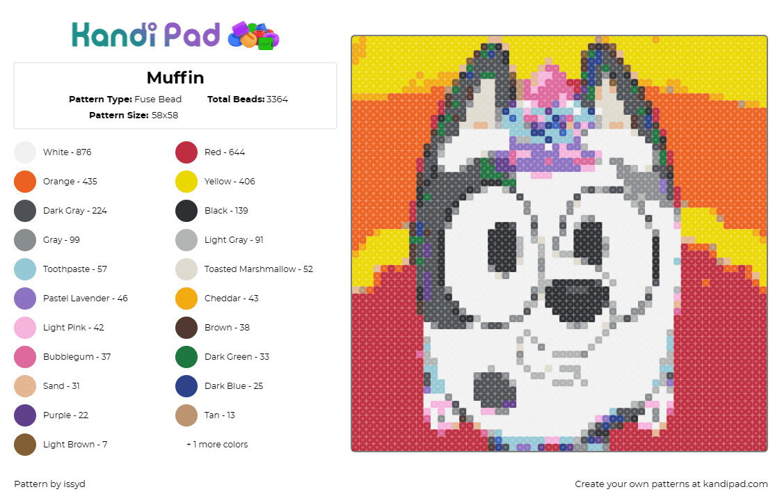 Muffin - Fuse Bead Pattern by issyd on Kandi Pad - muffin,bluey,animated series,dog,pet,playful,animation,character,sunrise,red,whi