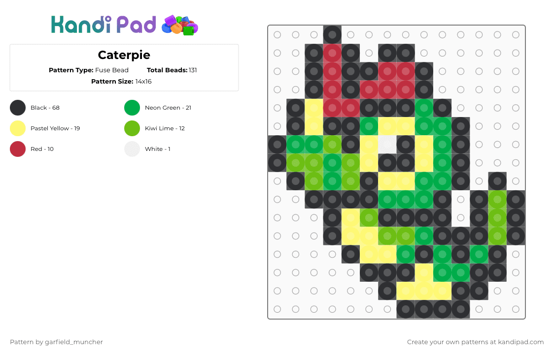 Caterpie - Fuse Bead Pattern by garfield_muncher on Kandi Pad - black,green