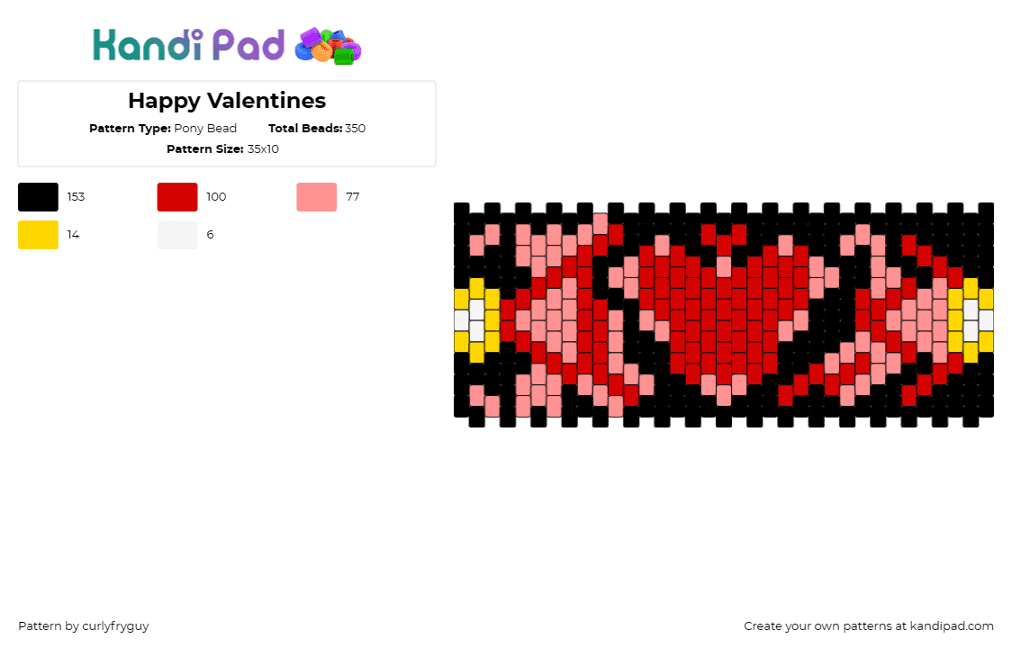 Happy Valentines - Pony Bead Pattern by curlyfryguy on Kandi Pad - valentines day,heart,love,cuff,celebration,romantic,affection,statement,wearable