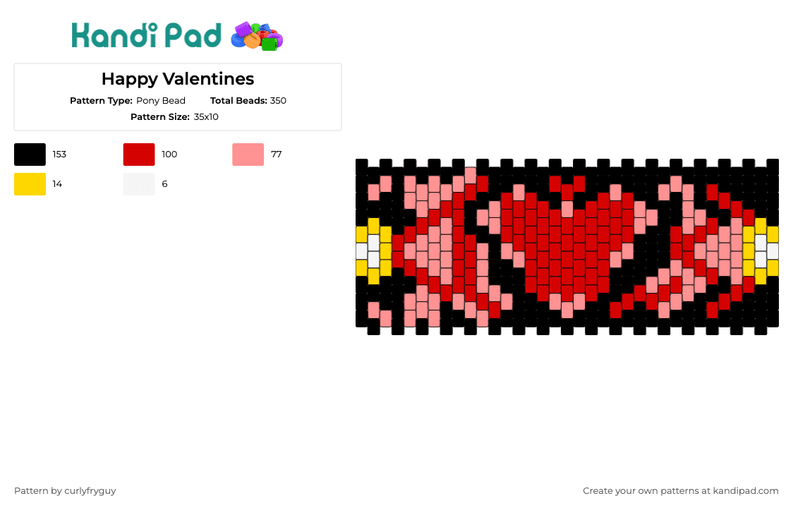 Happy Valentines - Pony Bead Pattern by curlyfryguy on Kandi Pad - valentines day,heart,love,cuff,celebration,romantic,affection,statement,wearable,red