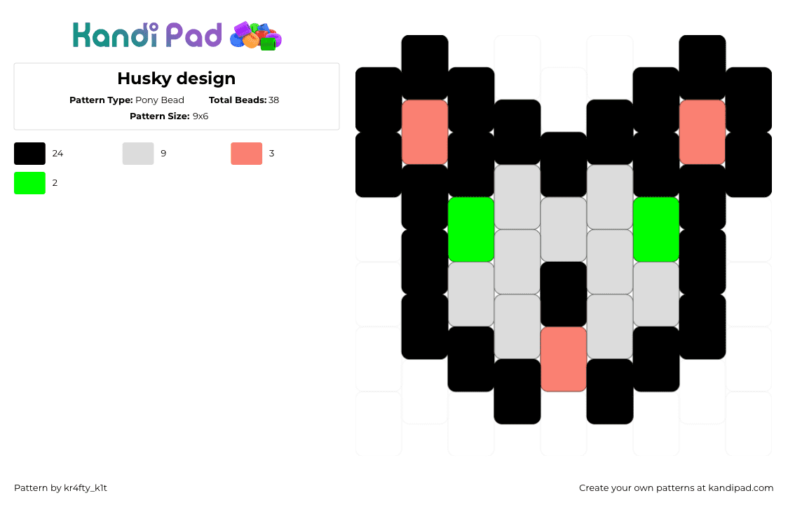 Husky design - Pony Bead Pattern by kr4fty_k1t on Kandi Pad - black,white,orange,green