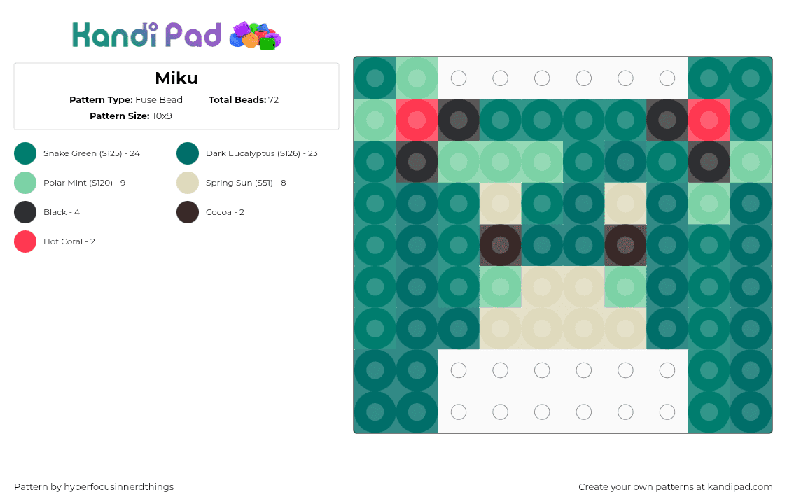 Miku - Fuse Bead Pattern by hyperfocusinnerdthings on Kandi Pad - teal