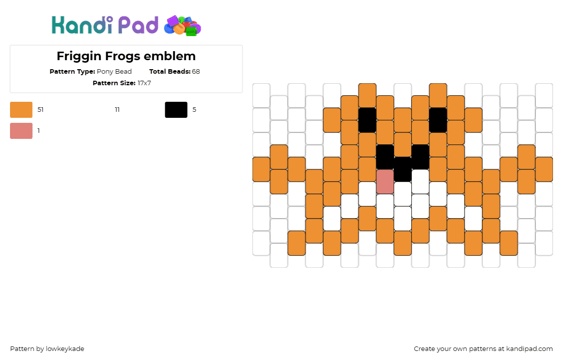 Friggin Frogs emblem - Pony Bead Pattern by lowkeykade on Kandi Pad - frog,amphibian,animal,playful,cheerful,adorable,cute,orange