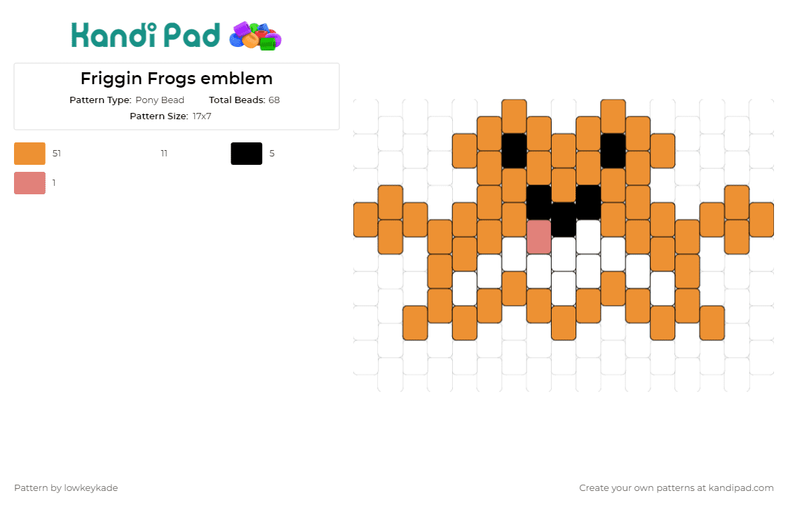 Friggin Frogs emblem - Pony Bead Pattern by lowkeykade on Kandi Pad - frog,charm,amphibian,animal,playful,cheerful,whimsy,adorable,fun,cute,orange