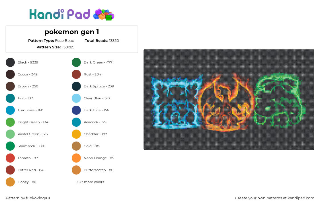 pokemon gen 1 - Fuse Bead Pattern by funkoking101 on Kandi Pad - black,brown,green,teal,tan,orange,colorful
