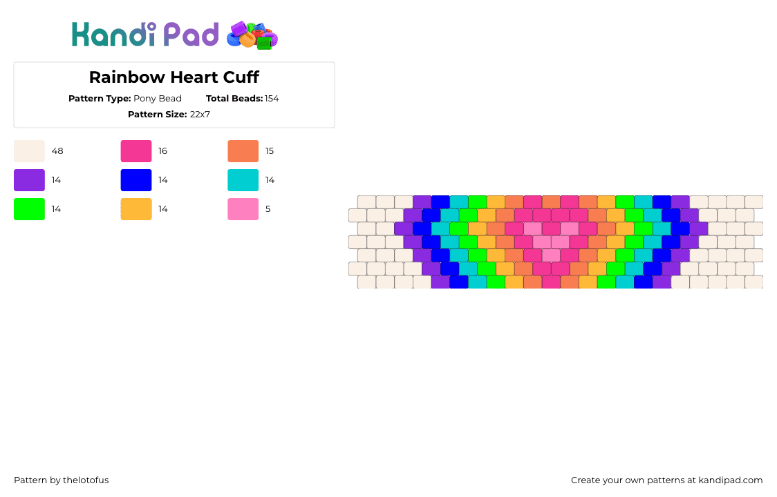 Rainbow Heart Cuff - Pony Bead Pattern by thelotofus on Kandi Pad - pink,purple,orange,rainbow,rainbows,heart