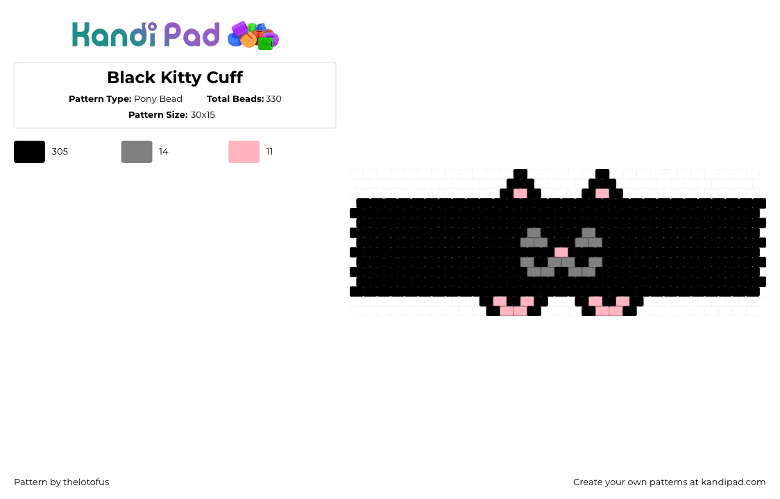 Black Kitty Cuff - Pony Bead Pattern by thelotofus on Kandi Pad - black,gray,pink,cat,kitty