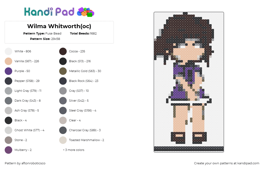 Wilma Whitworth(oc) - Fuse Bead Pattern by aftonroboticsco on Kandi Pad - character,original,enchanting,bespoke,palette,brown,purple,beige