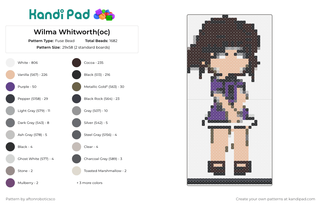 Wilma Whitworth(oc) - Fuse Bead Pattern by aftonroboticsco on Kandi Pad - character,original,enchanting,bespoke,charm,palette,brown,purple,beige