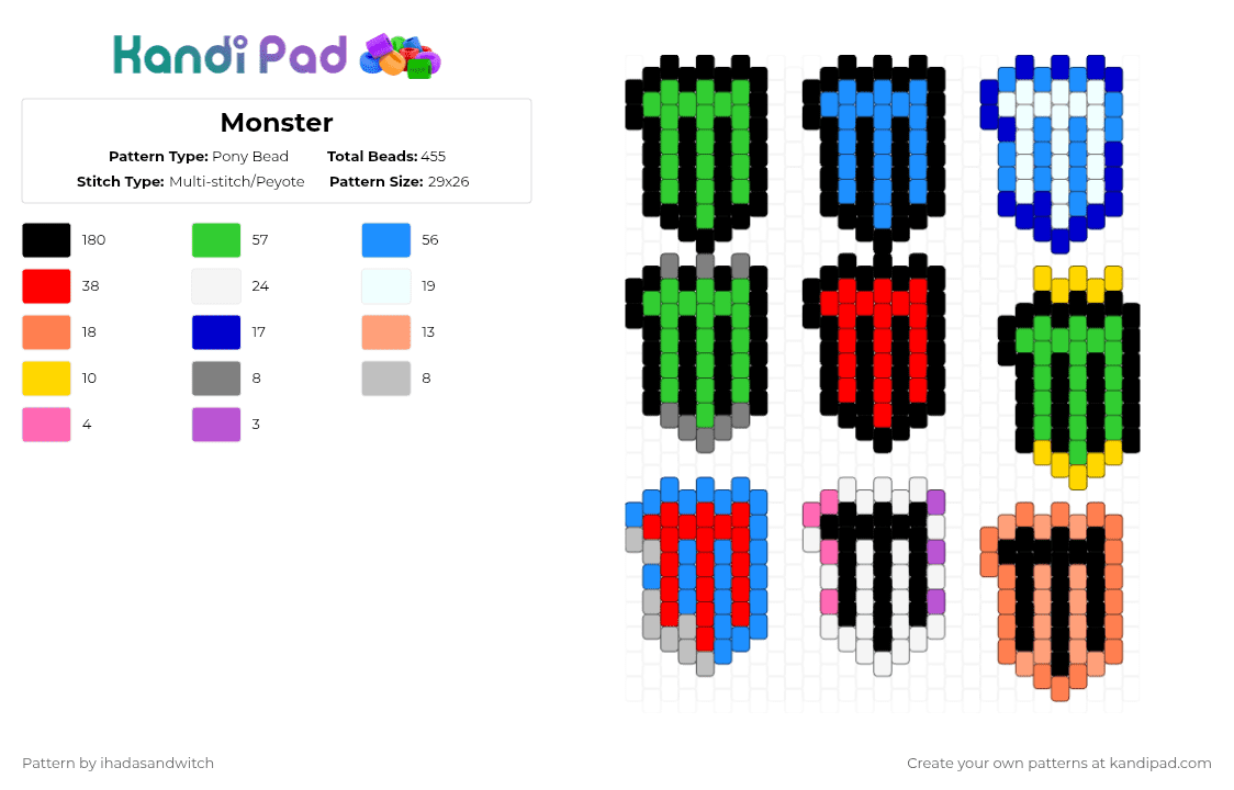 Monster - Pony Bead Pattern by ihadasandwitch on Kandi Pad - black,green,light blue,orange,colorful