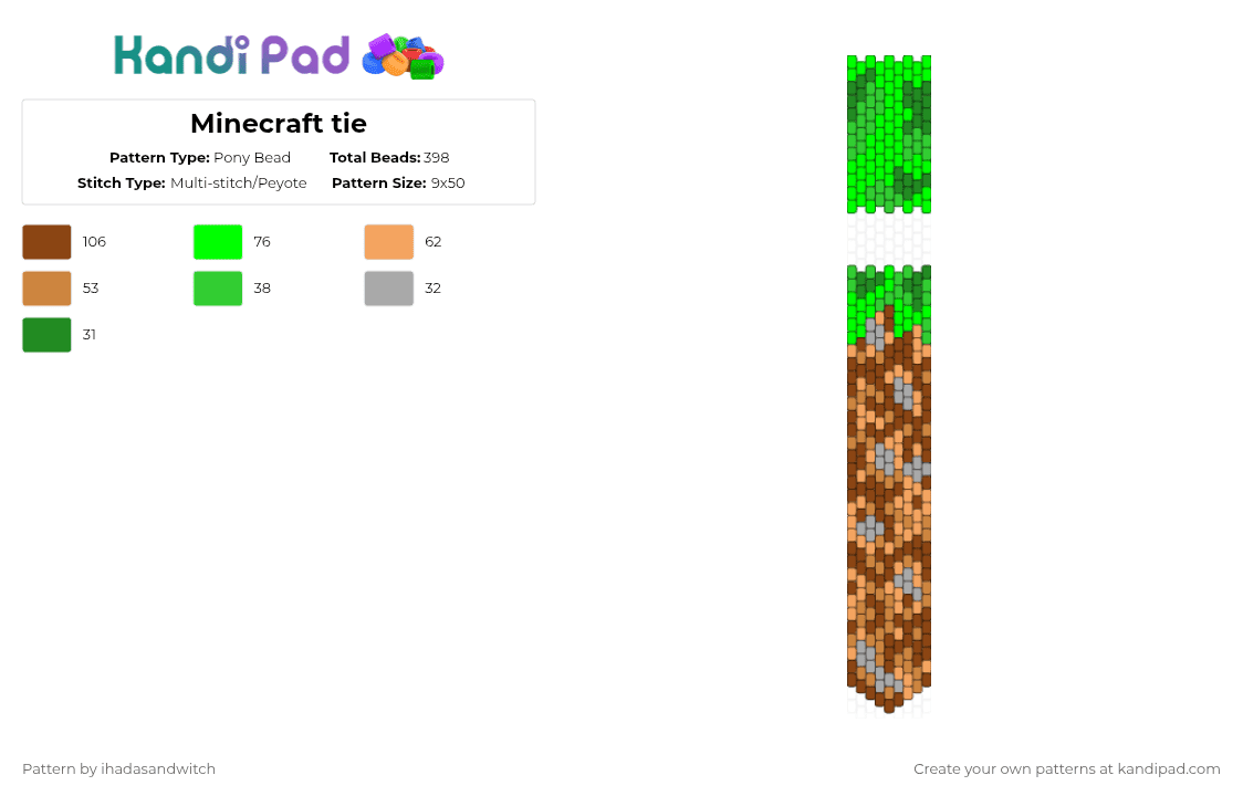 Minecraft tie - Pony Bead Pattern by ihadasandwitch on Kandi Pad - green,orange,red