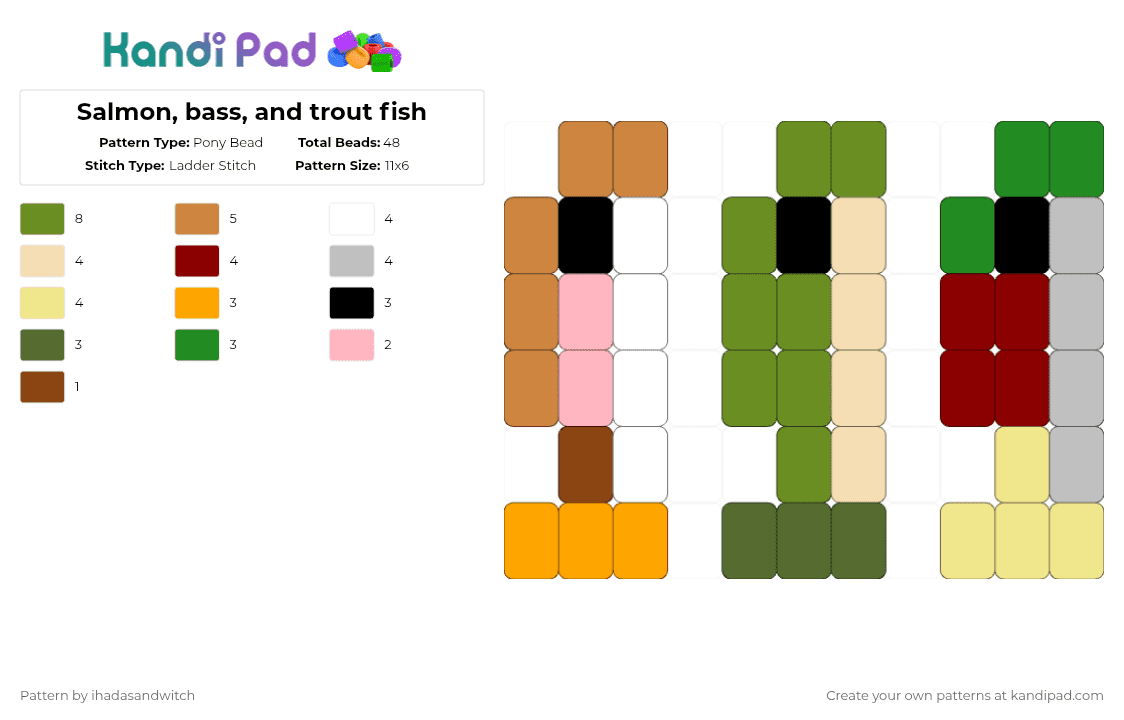 Salmon, bass, and trout fish - Pony Bead Pattern by ihadasandwitch on Kandi Pad - orange,green,beige