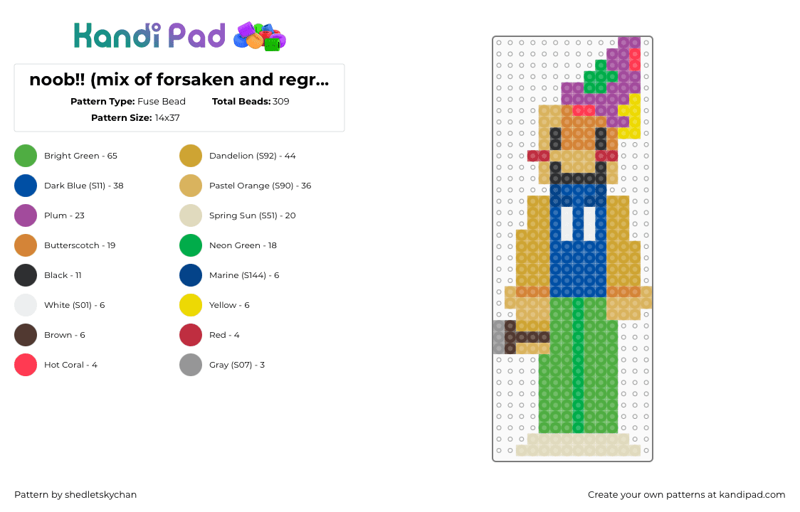 noob!! (mix of forsaken and regret :3) - Fuse Bead Pattern by angelliove on Kandi Pad - orange,blue,green,regretevator,forsaken,roblox,noob,party,bloxy,hat,classic