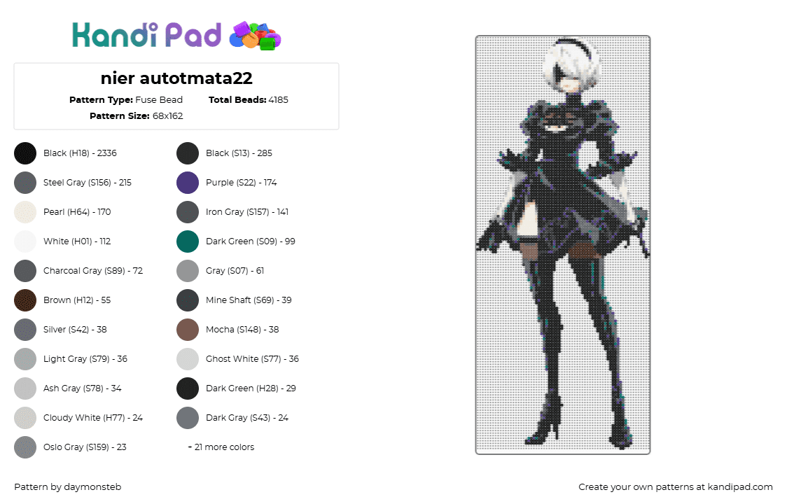 nier autotmata22 - Fuse Bead Pattern by daymonsteb on Kandi Pad - black,gray,purple