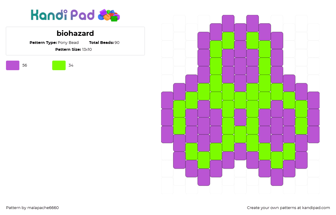 biohazard - Pony Bead Pattern by malapache6660 on Kandi Pad - biohazard,toxic,symbol,poison,charm,keychain,green,pink