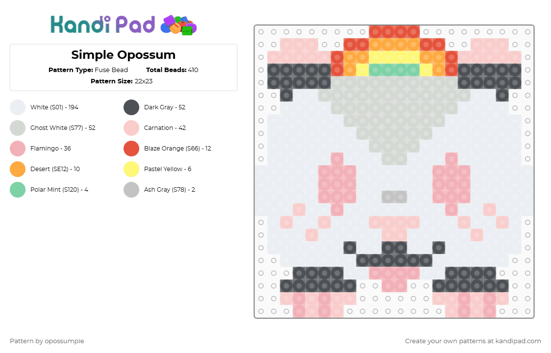 Simple Opossum - Fuse Bead Pattern by opossumpie on Kandi Pad - white,beige,gray,opossum,rainbow