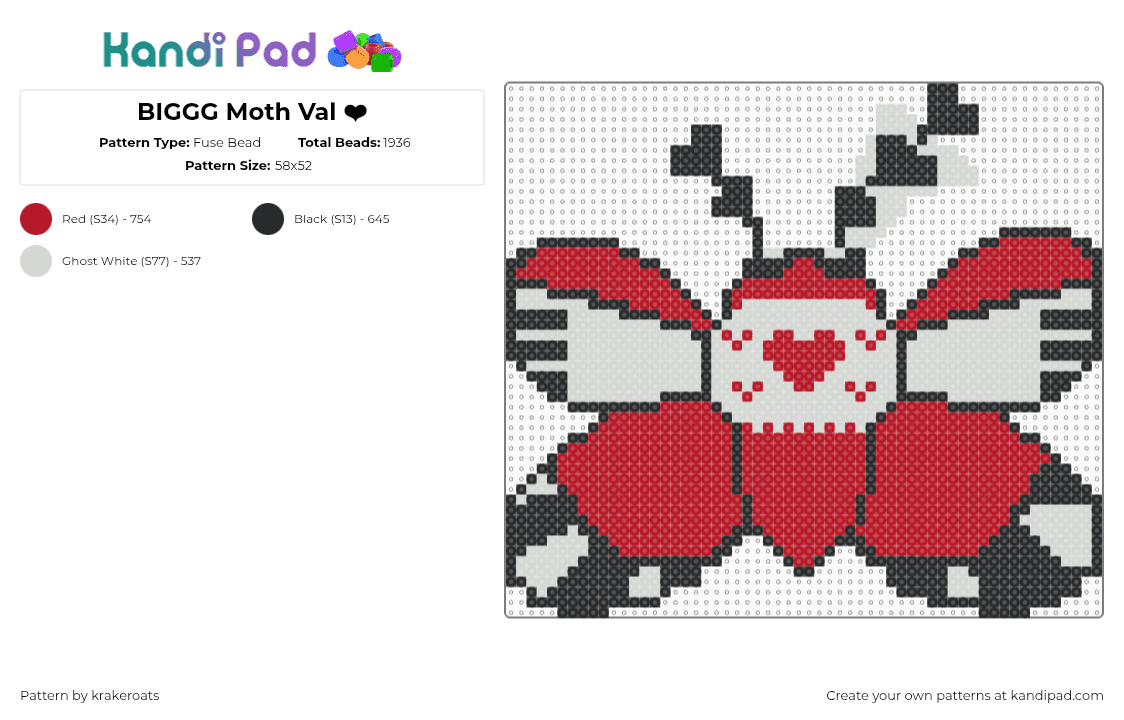 BIGGG Moth Val ❤ - Fuse Bead Pattern by -- on Kandi Pad - red,white