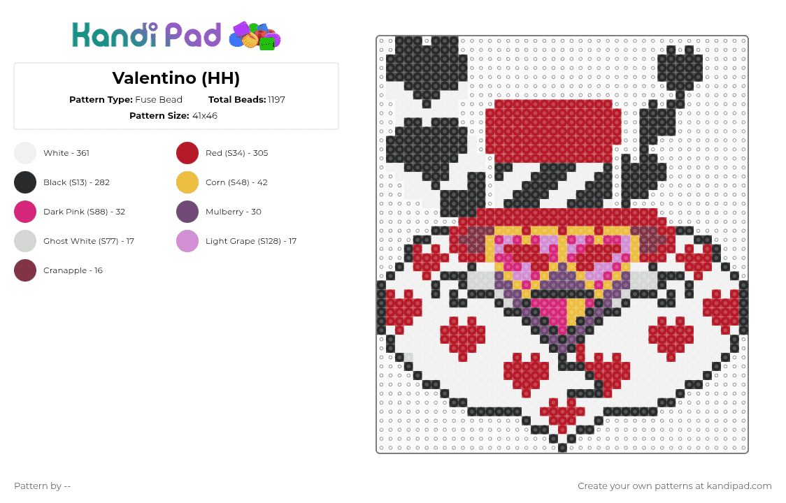 Valentino (HH) - Fuse Bead Pattern by -- on Kandi Pad - white,red