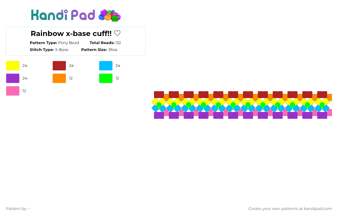 Rainbow x-base cuff!! ♡ - Pony Bead Pattern by -- on Kandi Pad - yellow,red,light blue,purple
