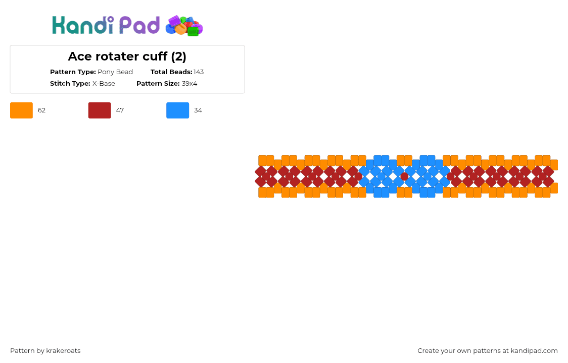 Ace rotater cuff (2) - Pony Bead Pattern by -- on Kandi Pad - red,orange