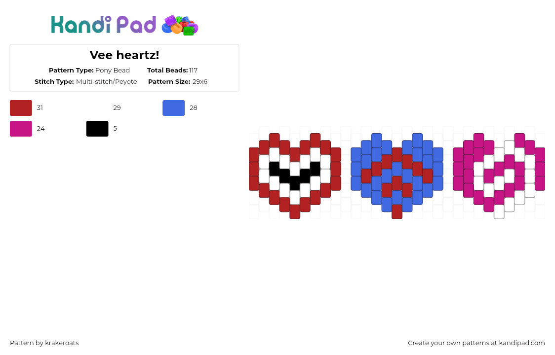 Vee heartz! - Pony Bead Pattern by -- on Kandi Pad - red,blue