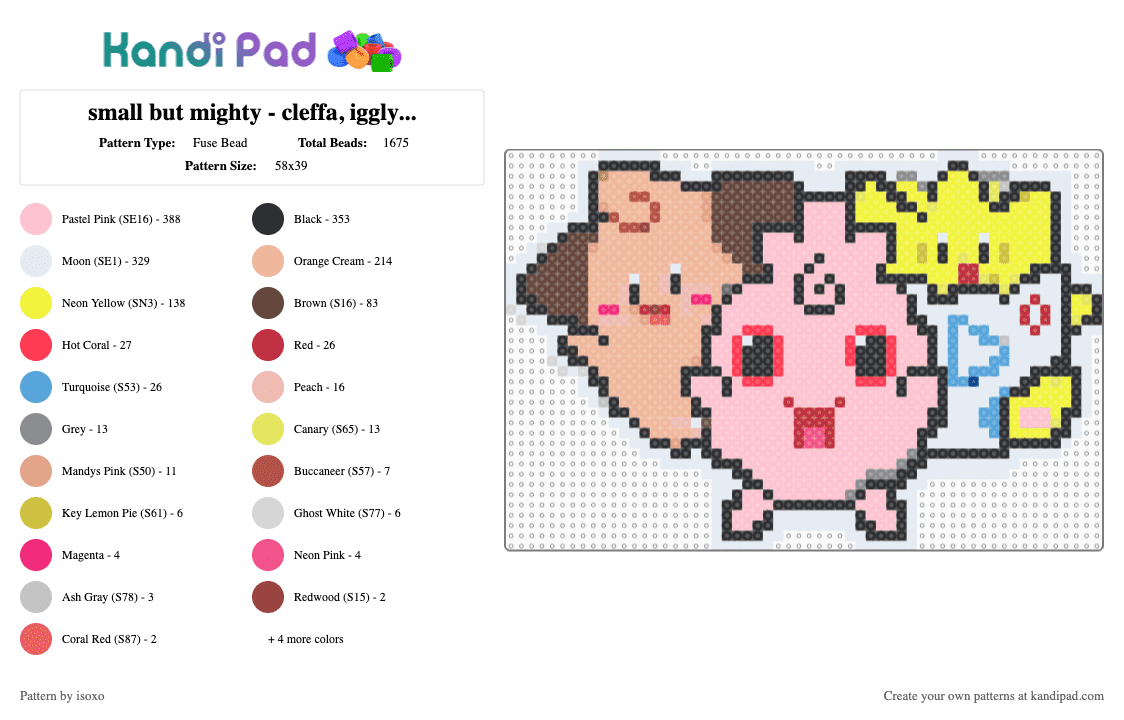 pokemon - cleffa, igglybuff, & togepi ; small but mighty - Fuse Bead Pattern by isoxo on Kandi Pad - beige,yellow,pink,pokemon,cleffa,igglybuff,togepi