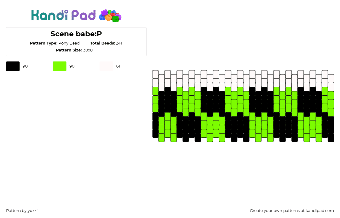 Scene babe:P - Pony Bead Pattern by yuxxi on Kandi Pad - checkered,cuff,scene,dance,culture,vibrant,bold,retro,fashion,green,black