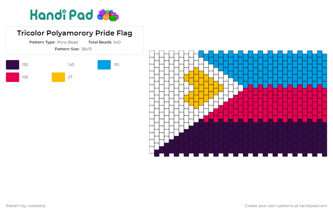 Tricolor Polyamorory Pride Flag - Pony Bead Pattern by rwebberjr on Kandi Pad - polyamorous,pride,flag,community,love,diversity,representation,blue,white,purple