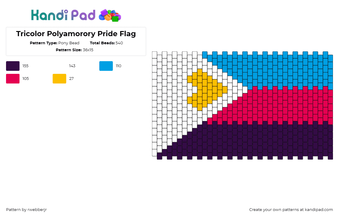 Tricolor Polyamorory Pride Flag - Pony Bead Pattern by rwebberjr on Kandi Pad - polyamorous,pride,flag,community,love,diversity,blue,white,purple