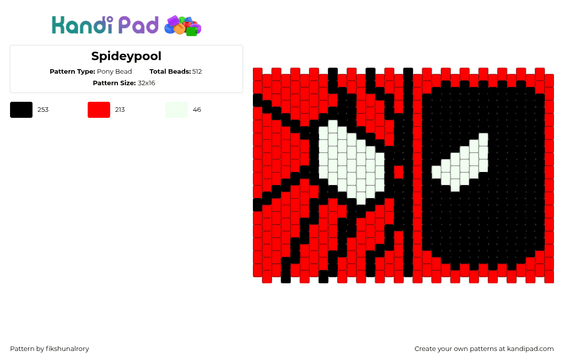 Spideypool - Pony Bead Pattern by fikshunalrory on Kandi Pad - red,spiderman,deadpool,marvel,comic,characters,black,cuff