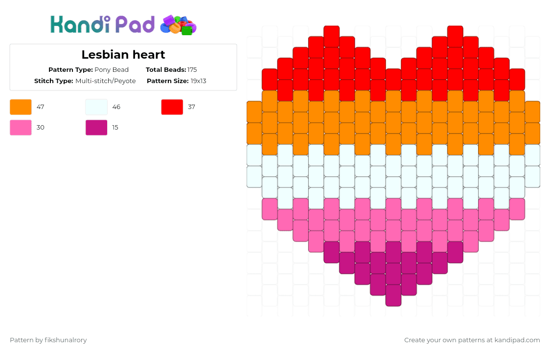 Lesbian heart - Pony Bead Pattern by fikshunalrory on Kandi Pad - orange,pink,lesbian,pride,heart,peyote,charm,pride month,wlw,sapphic