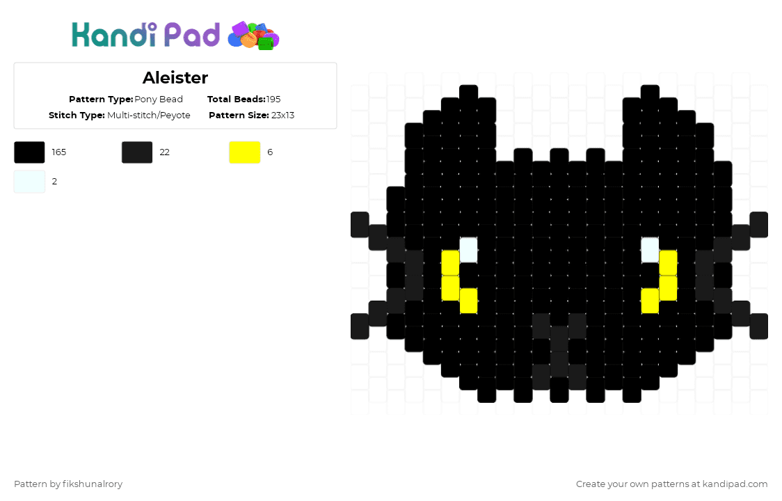 Aleister - Pony Bead Pattern by fikshunalrory on Kandi Pad - black,yellow,cat,black cat,aleister,tribute,cute,charm