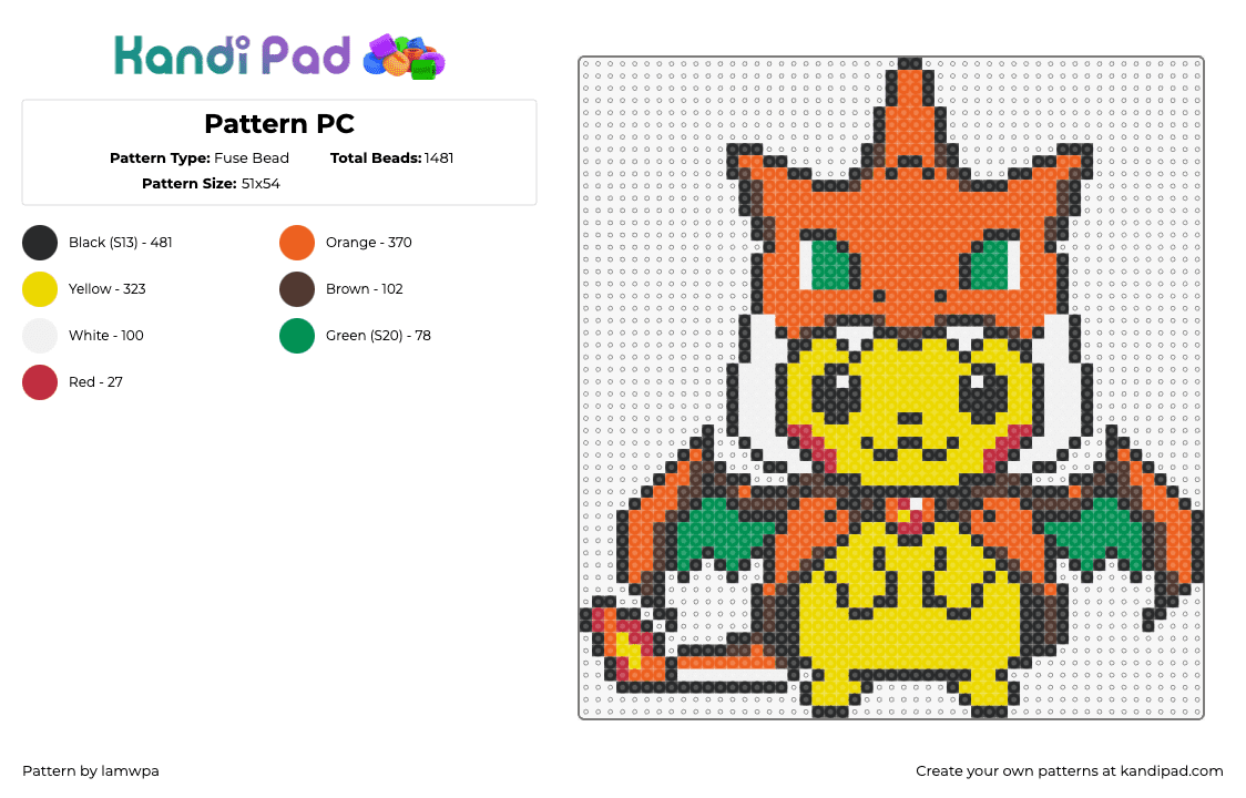 Pattern PC - Fuse Bead Pattern by lamwpa on Kandi Pad - pikachu,charizard,pokemon,character,costume,cute,gaming,halloween,yellow,orange