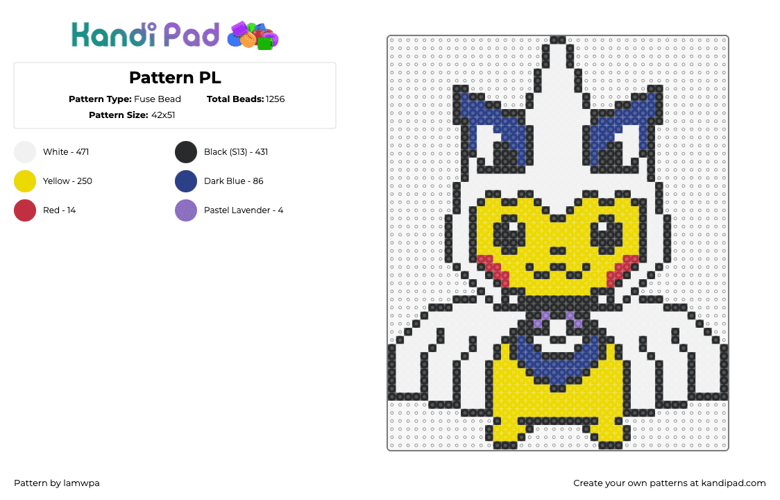 Pattern PL - Fuse Bead Pattern by lamwpa on Kandi Pad - pikachu,lugia,pokemon,character,costume,cute,gaming,halloween,yellow,white,blue