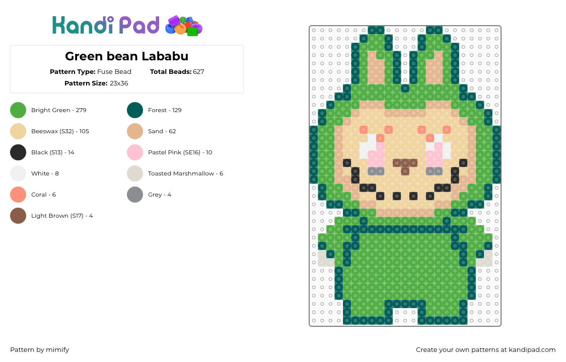 Green bean Lababu - Fuse Bead Pattern by mimify on Kandi Pad - gray,green,beige